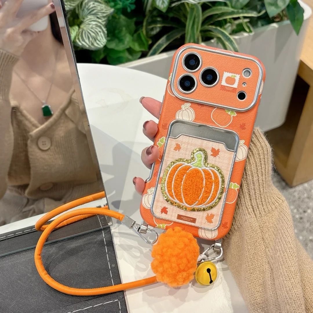 

Autumn maple leaf Pumpkin Embroidery wallet Card bag Phone Case For iPhone 13 14 15 16 17 Pro Max Plus Shockproof Back Cover﻿﻿