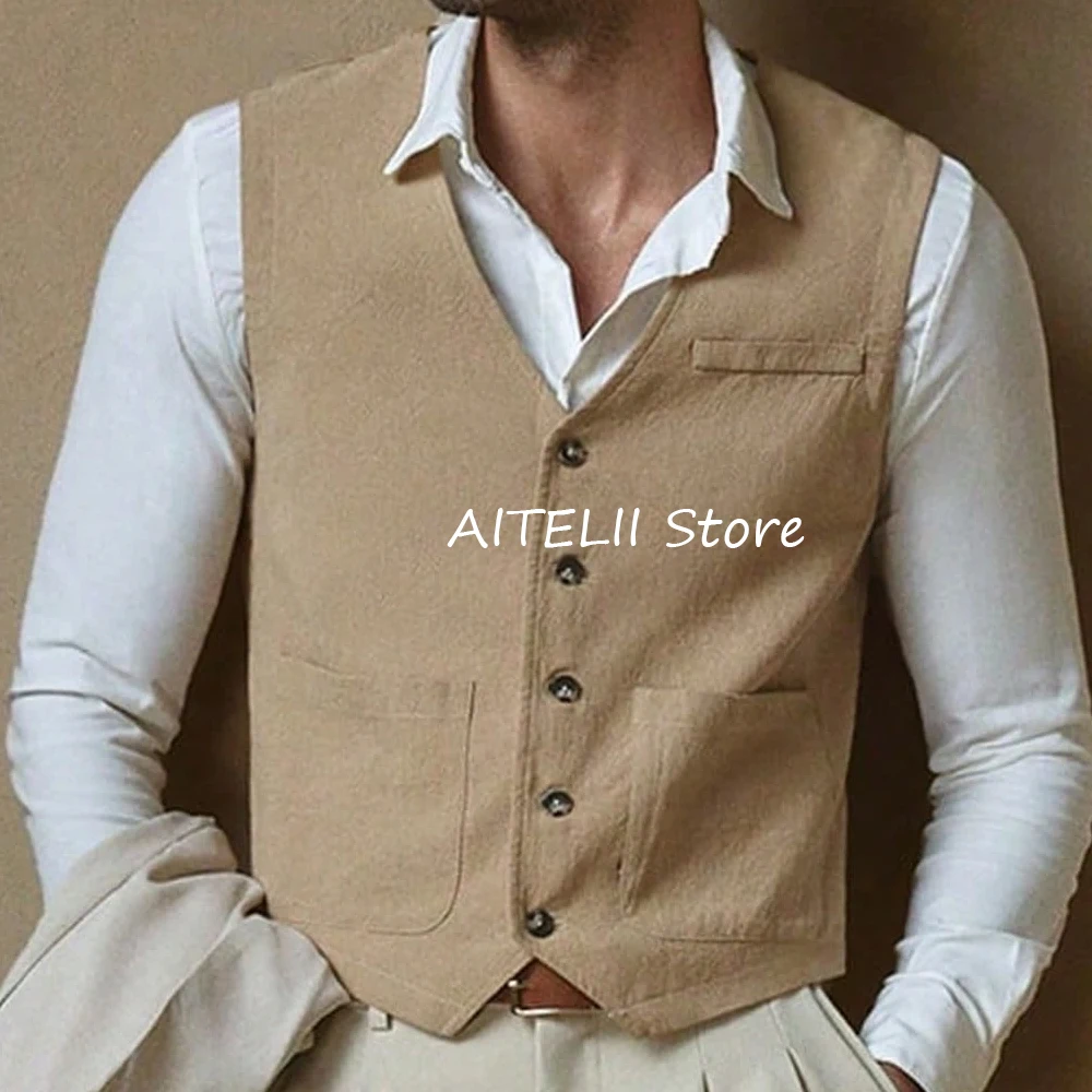 

Мужской жилет с v-образным вырезом, рабочий жилет для костюма с квадратными карманами, однобортный льняной повседневный жилет, модные летние костюмы, мужской пиджак