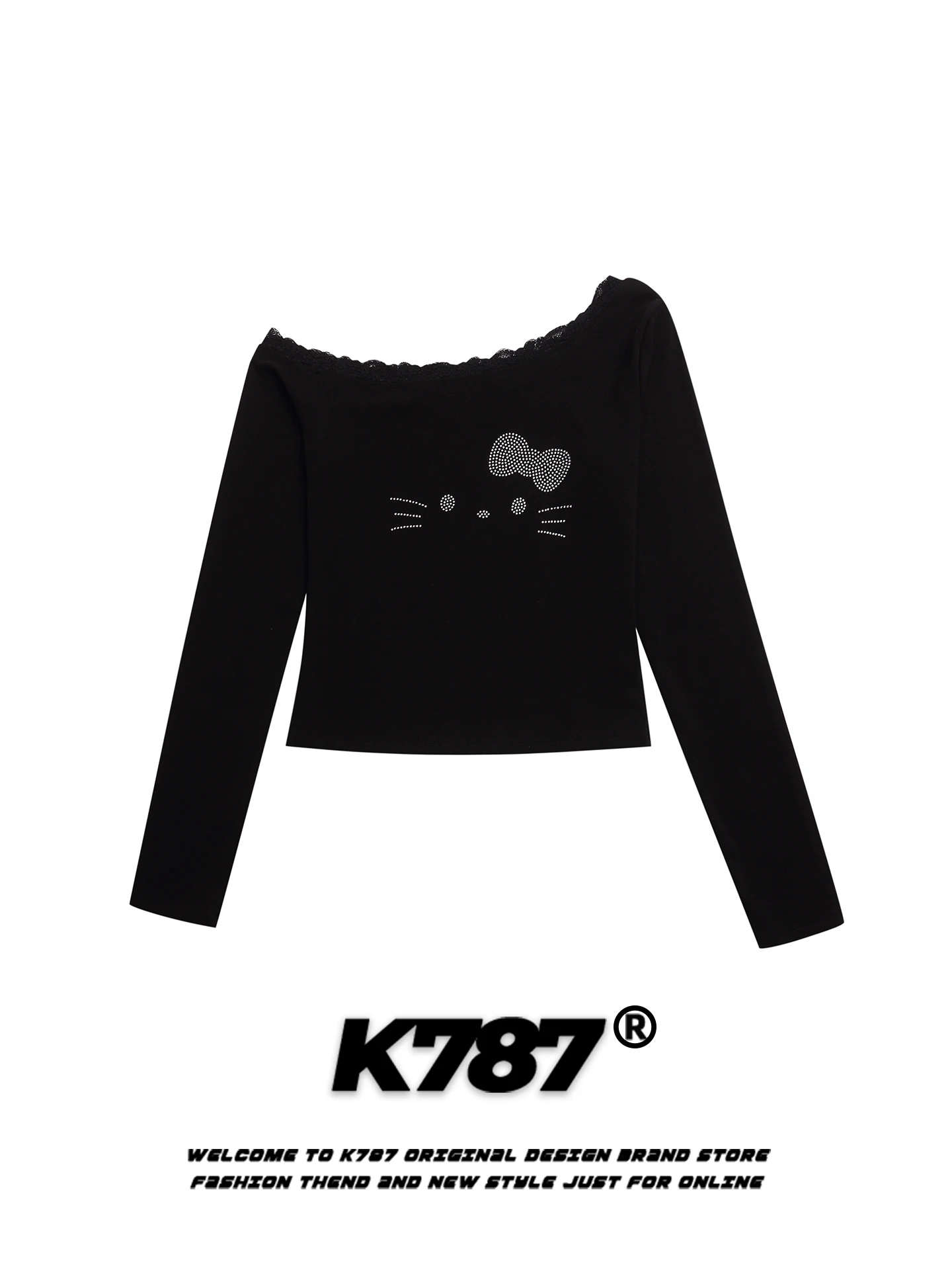 

K787 American Retro Rhinestone oulder Long Sve Women's Slimming Pure Desire Hot Girl ort Top Cotton Casual Tee