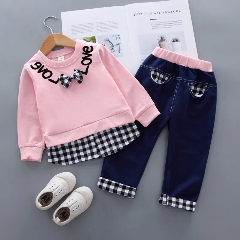 Autumn Winter Baby Cotton Clothes Set Bow Sweatshirt+Pant Baby Girl Fashion Casual Plaid Two-Piece Suits Homewear Sport Set 1-3Y