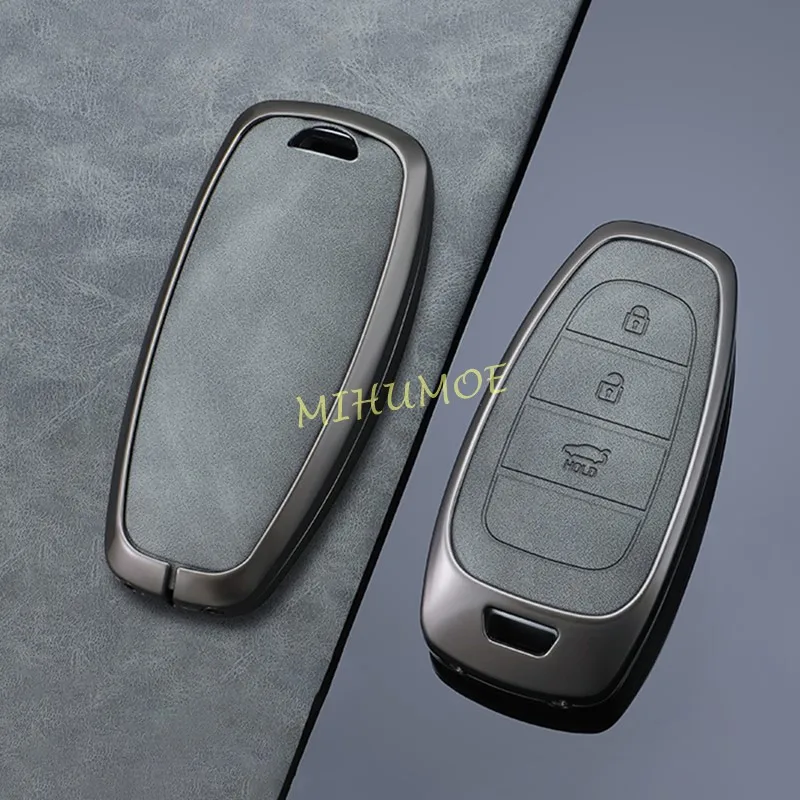 Metalen Lederen Auto Afstandsbediening Sleutelhanger Case Cover Grijs Voor Hyundai Tucson Santa Fe Cruz Sonata Palisade IONIQ5 Nexo Accessoires