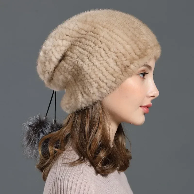 Hot Sale Knitted Fox Fur Pompom Hats for Women Beanies Solid Elastic Mink Fur Caps Winter Hat Skullies Fashion Real Fur Hats