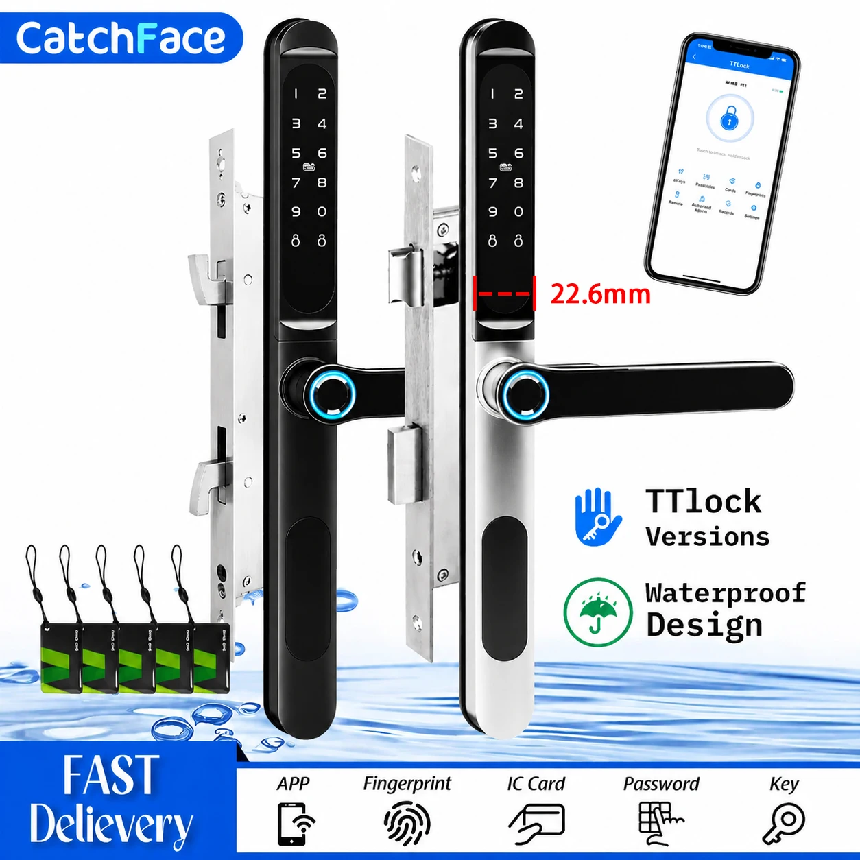 IP66 Waterproof TTLock Narrow Outdoor Fingerprint Bluetooth APP RFID Code Electronic Smart Door Lock for Glass Aluminum Sliding