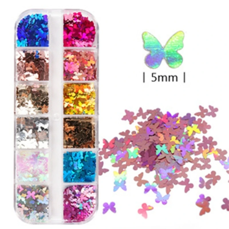 

12 Grids/Box 5mm Manicure Glitter Flakes for Epoxy Resin Mold Filling 3D Shiny for Butterfly Sequ