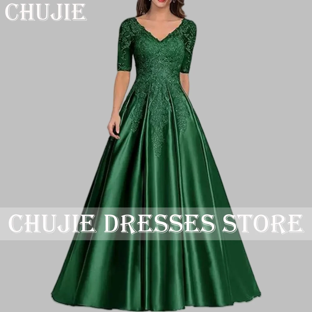 Satin Lace Applique Mother of The Bride Dress Prom Party Gowns Half Sleeve Customized Wedding Guest Dresses Formal Evening Dress