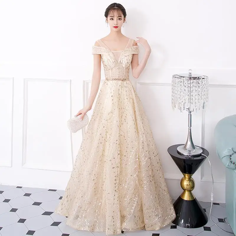 Shoulder Hugging Banquet Evening Slimming Dress 2025 Summer New Mesh Long Style Socialite One Shoulder Choir Performance Outfit