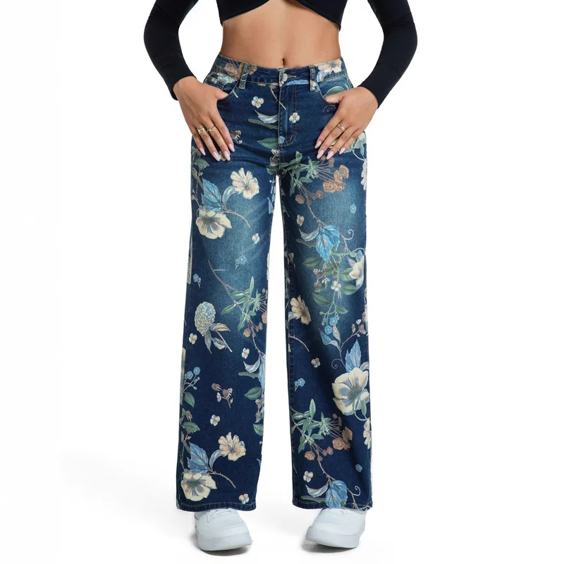 Benuynffy Pantaloni a gamba larga in denim blu stampato 2025 Autunno Nuovo retrò a vita alta Moda allentata Jeans dritti Pantaloni streetwear