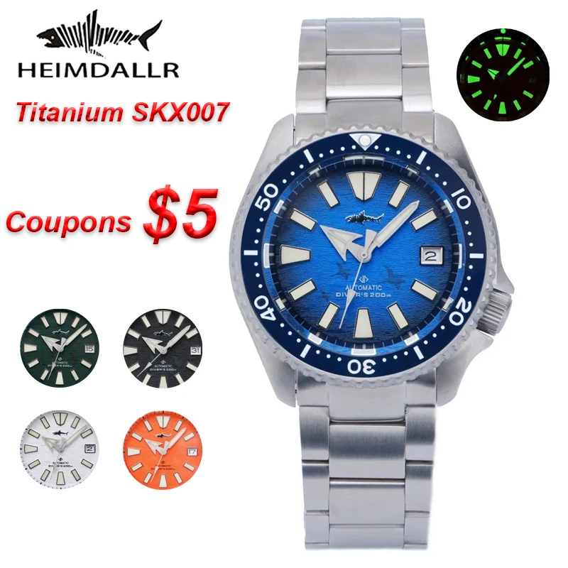 Heimdallr Titanium SKX007 Automatic Mechanical Watch NH35 Movement Sapphire C3 Luminous 200M Waterproof Vintage Wristwatch