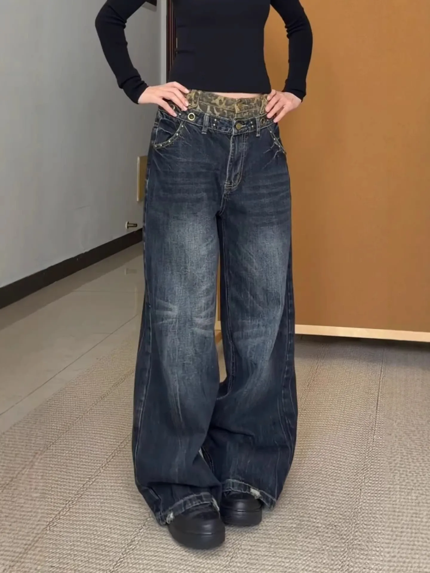 

plus Size American Style Cool Double Waist Wide Leg Jeans Women's New Loose Slim Straight Cut Denim Pants Casual High Waist