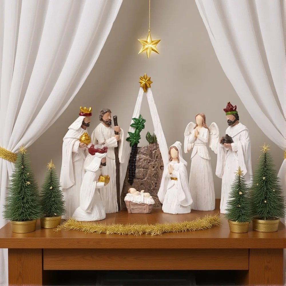 8 قطعة/المجموعة ولادة يسوع المهد مدير مجموعة عيد الميلاد الديكور الأسرة المقدسة الحرف تمثال الراتنج الأسرة المقدسة الجدول الحلي ﻿