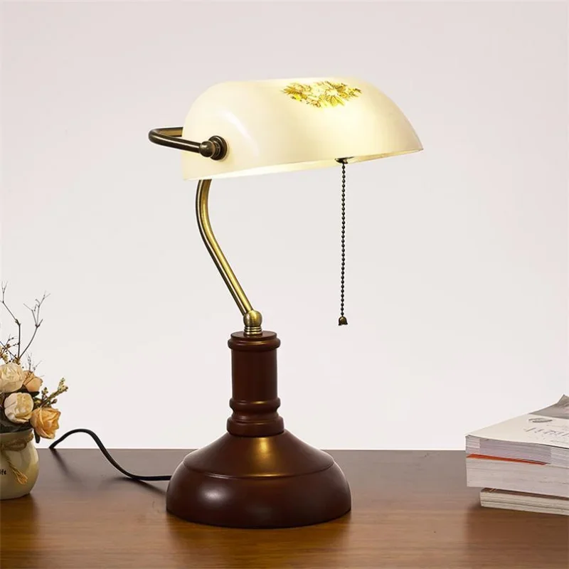 Retro Literary Classical Banker Table Lamps Emerald Green Glass Red Wood Desk Lights Office Bedroom Night Reading Book Lighting