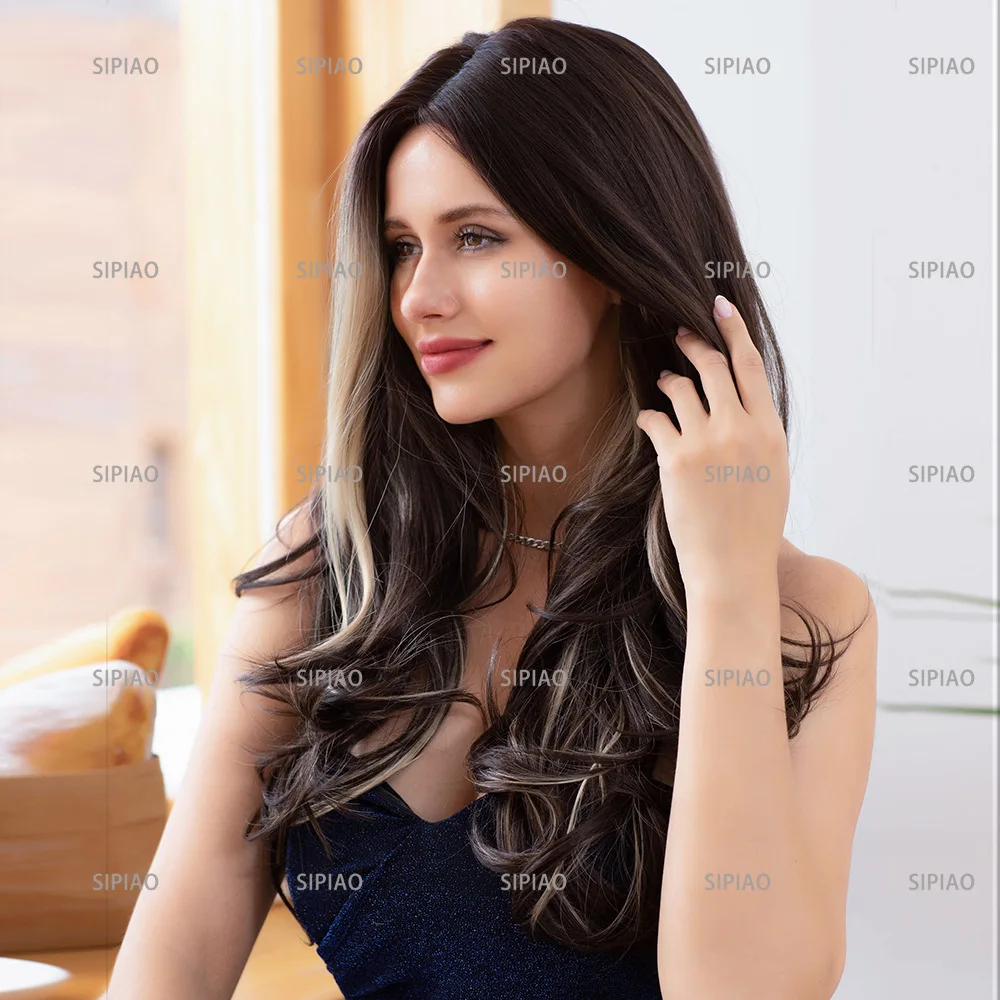 نماذج رائجة البيع متوسطة كبيرة موجات شعر طويل مجعد يسلط الضوء على التغيير التدريجي بني أسود بني أوروبي وأمريكي للنساء