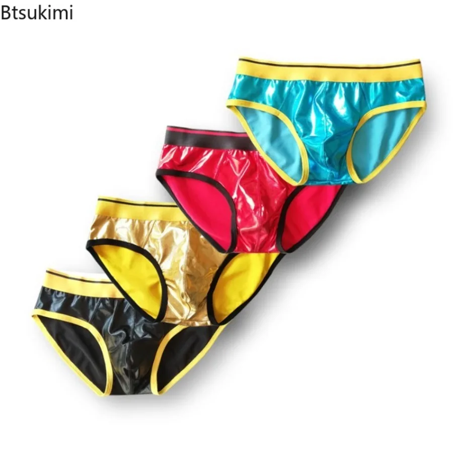 

2025 New Men's Triangle Pants Faux Leather Sexy Reflective Fun Underwear Elastic Tight Briefs Shorts Fashion Cool Man Underpants