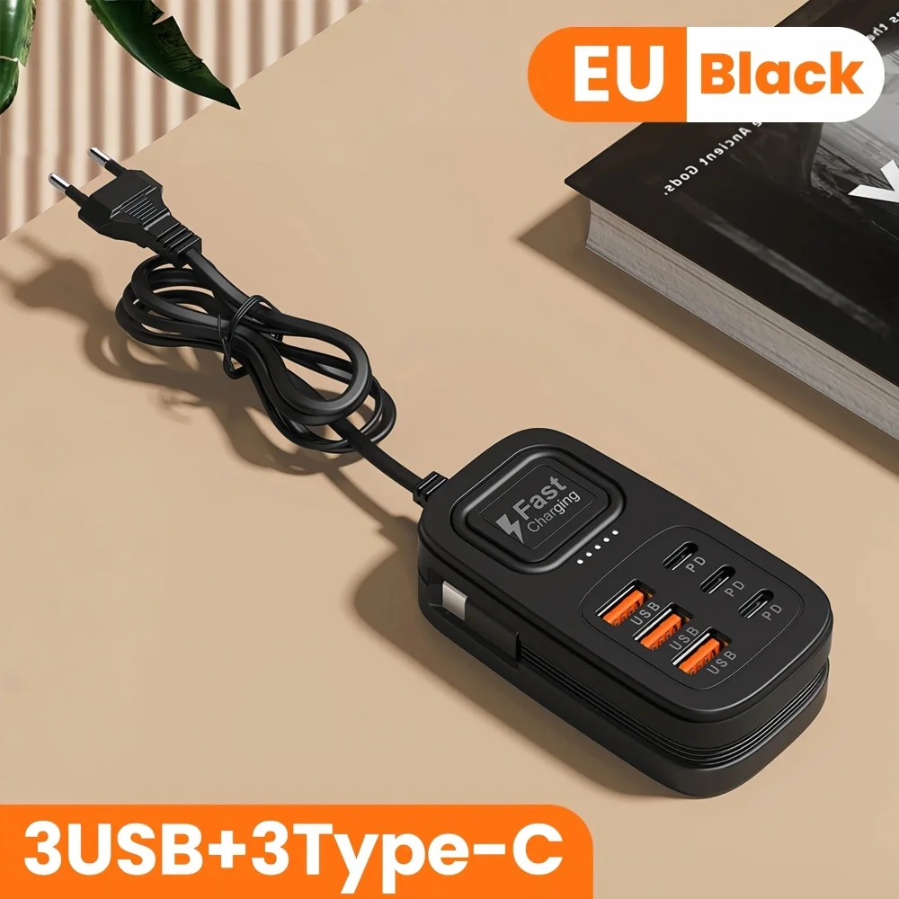 6-in-1 Desktop-Ladestation USB-Schnellladegerät Steckdosenleiste Typ C Multifunktionaler Ladeadapter EU US UK Stecker Ladebuchse