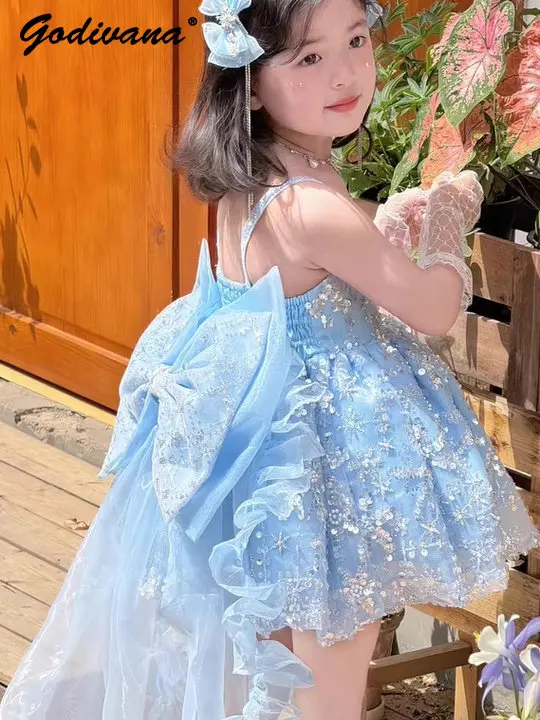 Sweet Baby Girls High End Heavy Luxury Sleeveless Lolita Princess Sundress Kids Summer New Sequin Tulle Birthday Party Ball Gown
