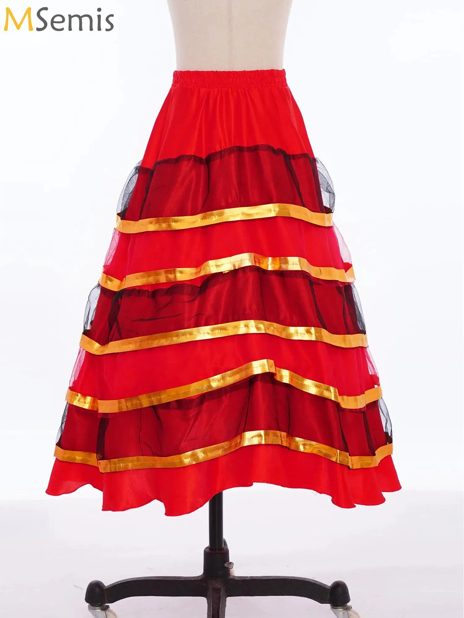 Ragazza spagnola Oro lungo rosso stile flamenco Abito gonna da ballo per ragazze Abiti da ballo per bambini per bambini Costumi per spettacoli teatrali