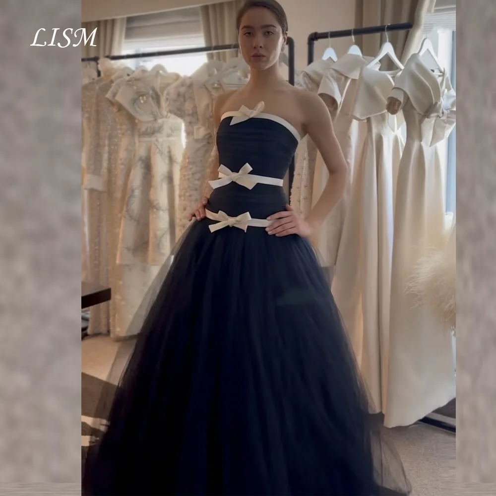 

LISM Strapless Contrast White Ribbons Evening Dress A-Line Long Elegant Prom Dresses Customized robe de soirée Special Occasion
