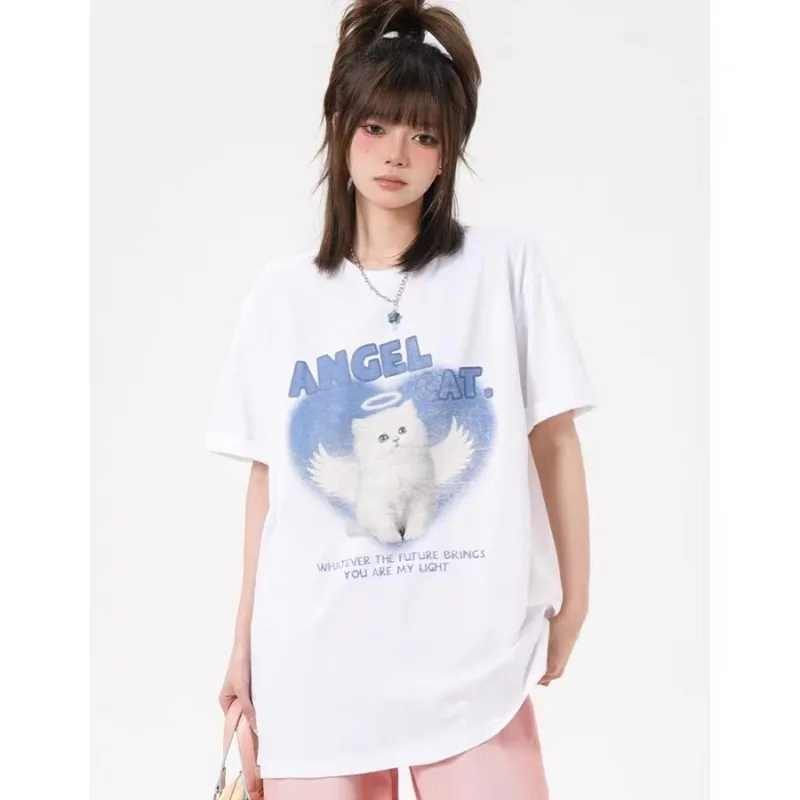 Cute Angel Cat Printed T-shirt for Men and Women Pure Cotton Summer Fashion Trend Casual Comfy Couple Short Sleeve Top Harajuku