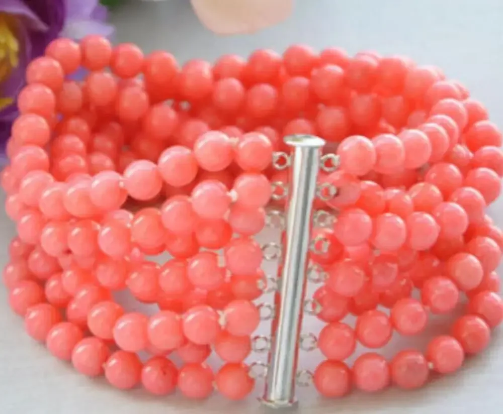 

Real 8row 7.5" 5MM round pink coral bead bracelet magnet AAAA