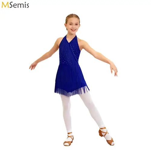 Leotardos de Ballet con flecos y diamantes de imitación brillantes para niñas, traje de baile de Tango latino para gimnasia, mono con borlas en la espalda con tiras Halter