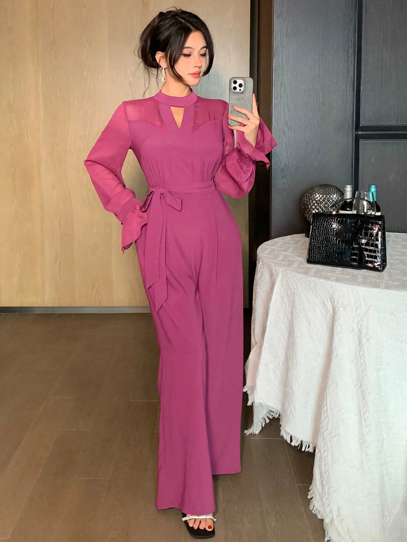 

Women's Spring and Autumn Women's Elegant Temperament Solid Color Long Sleeve Lotus Leaf Sleeve Round Neck Wide Leg jumpsuit