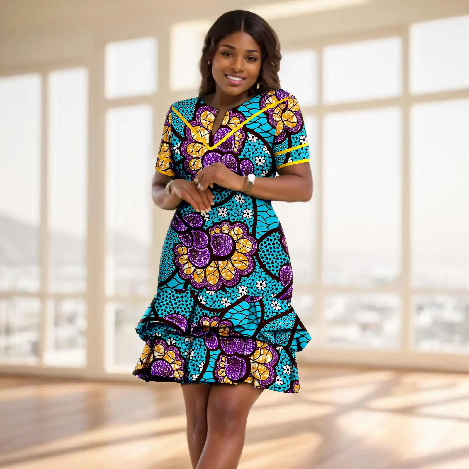 Afripride African Women's Ankara Printed Fabric Dress Customized Loose Golden Wrap Skirt 2425084