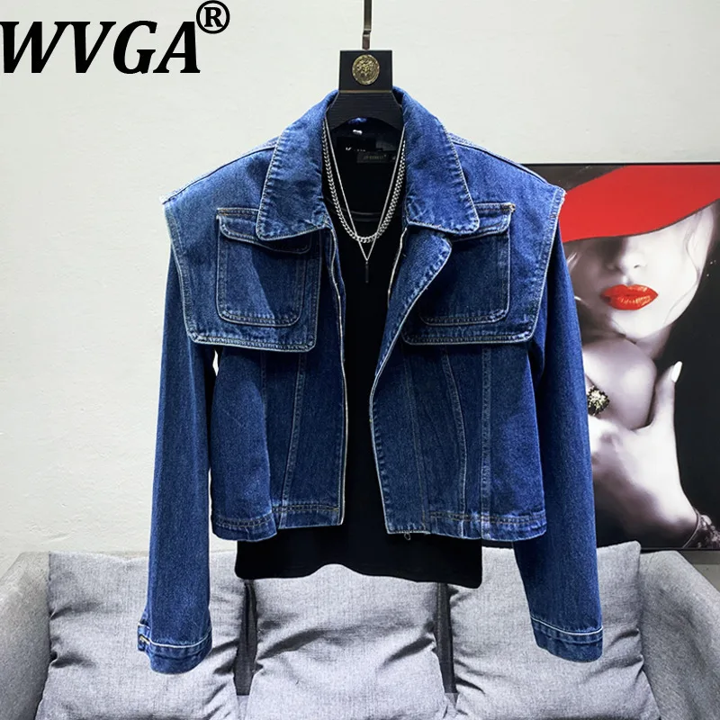 

WVGA Autumn Winter New Man Tide Trendy Turn-Down Collar Denim Short Jackets Niche Chic Casual Padded Shoulders Coats Ins W12615