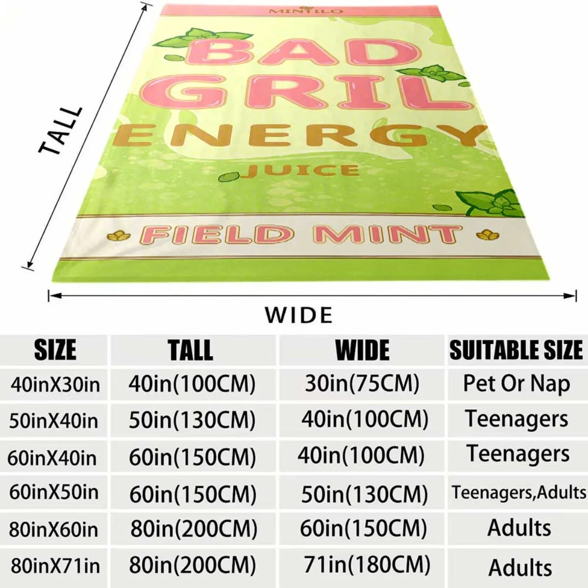 2026 New Flannel Blanket with BAD GRIL ENERGY Mint Juice Design - Cozy, Soft, And Lightweight, Ideal for Any Season. Perfect for