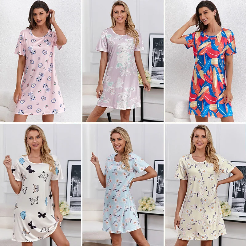 Women\'s Casual Sexy Knitted Cotton Nightdress Comfortable Summer Short Sleeve Tee Sleep Dress Loungewear Floral Print Nightgown