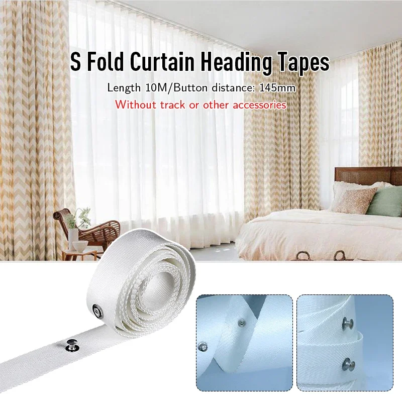 10m S Fold Wave Curtain Heading Tape Electric Curtain Track DIY Curtains Accessories Hotel Home Curtains Thickened Fabric Tapes