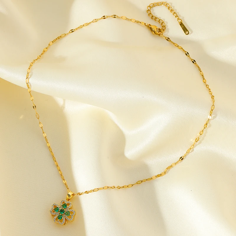 EILIECK New Fashion Stainless Steel Rotating Green Clover Zircon Necklace Bracelet Set For Women Trendy Waterproof Jewelry Gift