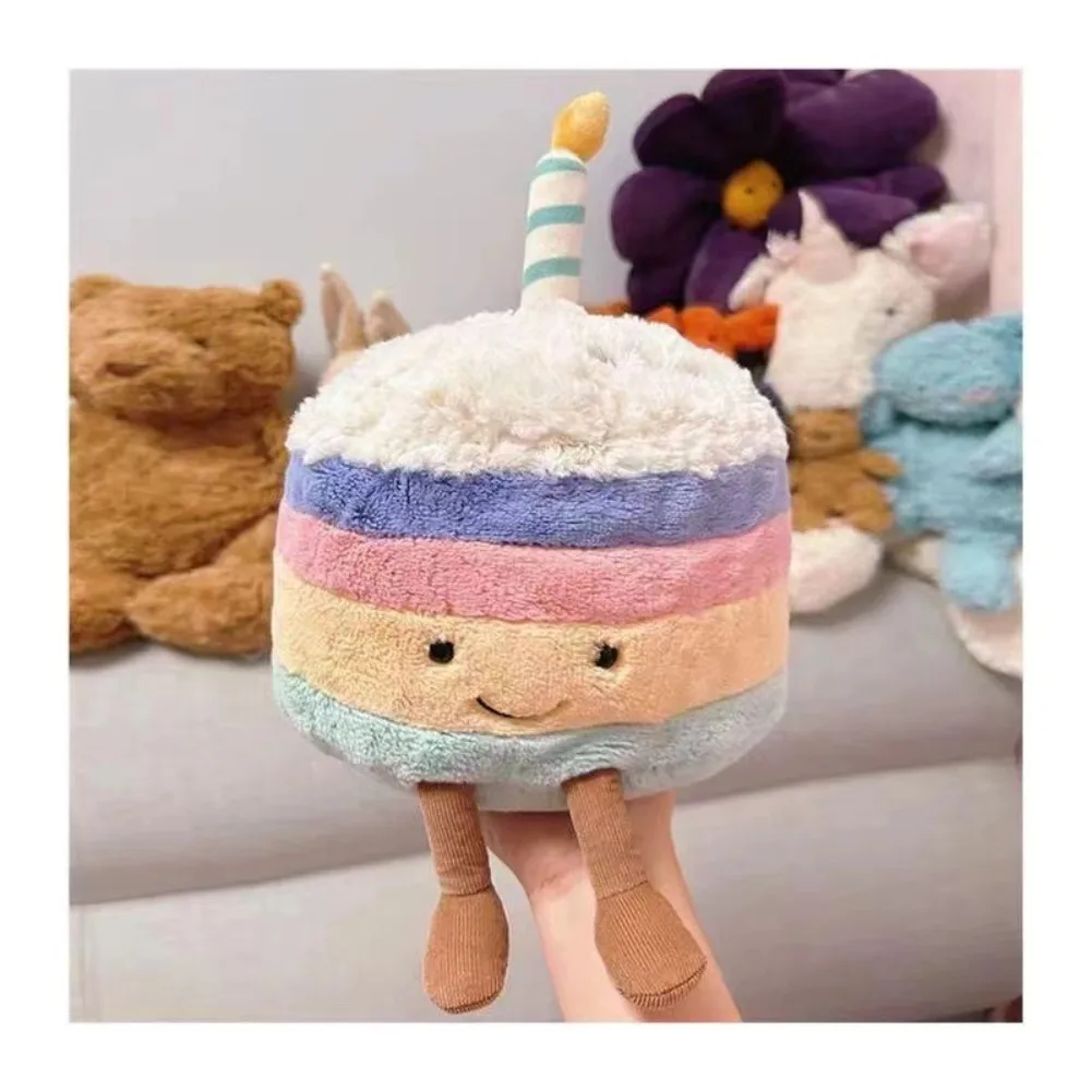 Peluche gâteau d'anniversaire en forme d'arc-en-ciel, jouet mignon en molleton moelleux de dessin animé, cadeau d'anniversaire, 25cm