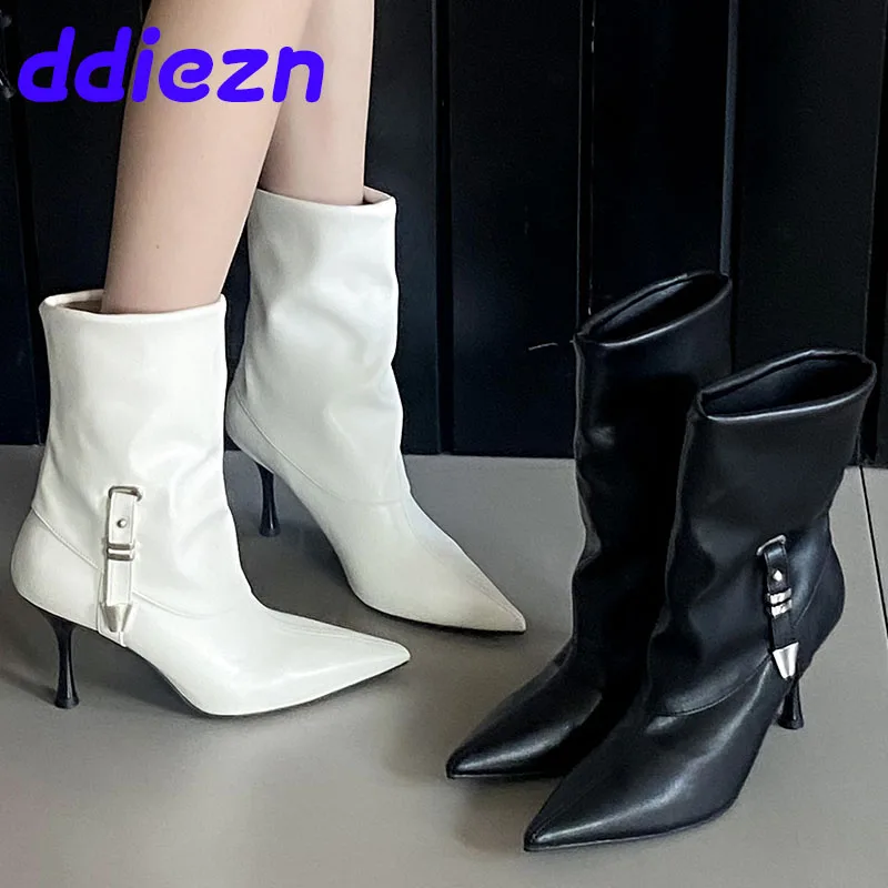 

Designer Slip On Women Ankle Boots Shoes With Heels Shoes Fashion Pointed Toe Ladies Short Modern Boots Female Footwear