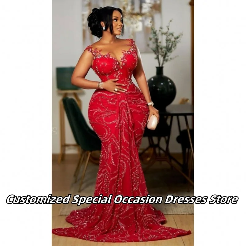

Red Formal Sleeveless Evening Dresses For Nigerian Girls Delicate Sequin Applique Wedding Party Dress Long Prom Gowns Customized