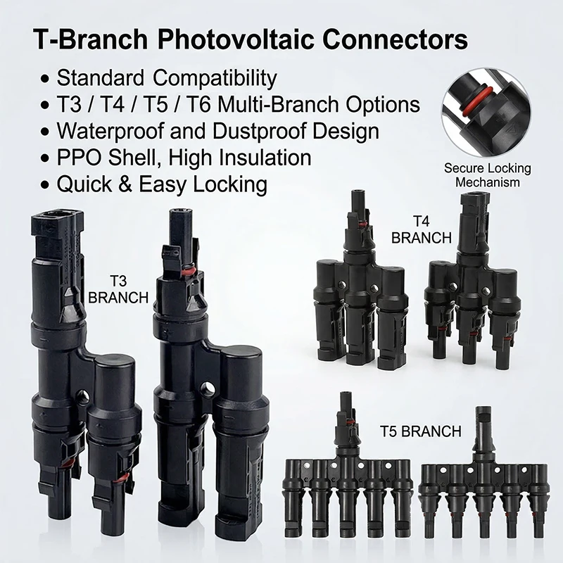 PV Connector T Type Parallel Connection Solar Panel System Waterproof Connector Branch Two Pieces Solar Cell Connect Plug
