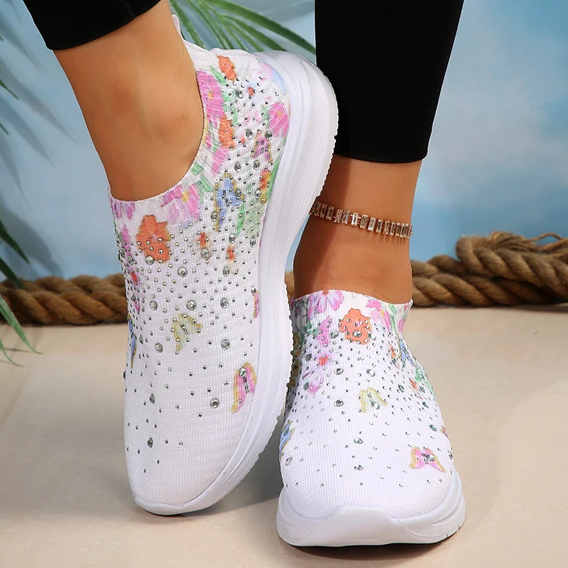 Zapatillas de deporte con estampado de malla para mujer, zapatos planos transpirables de punto con diamantes de imitación, cómodos, antideslizantes,