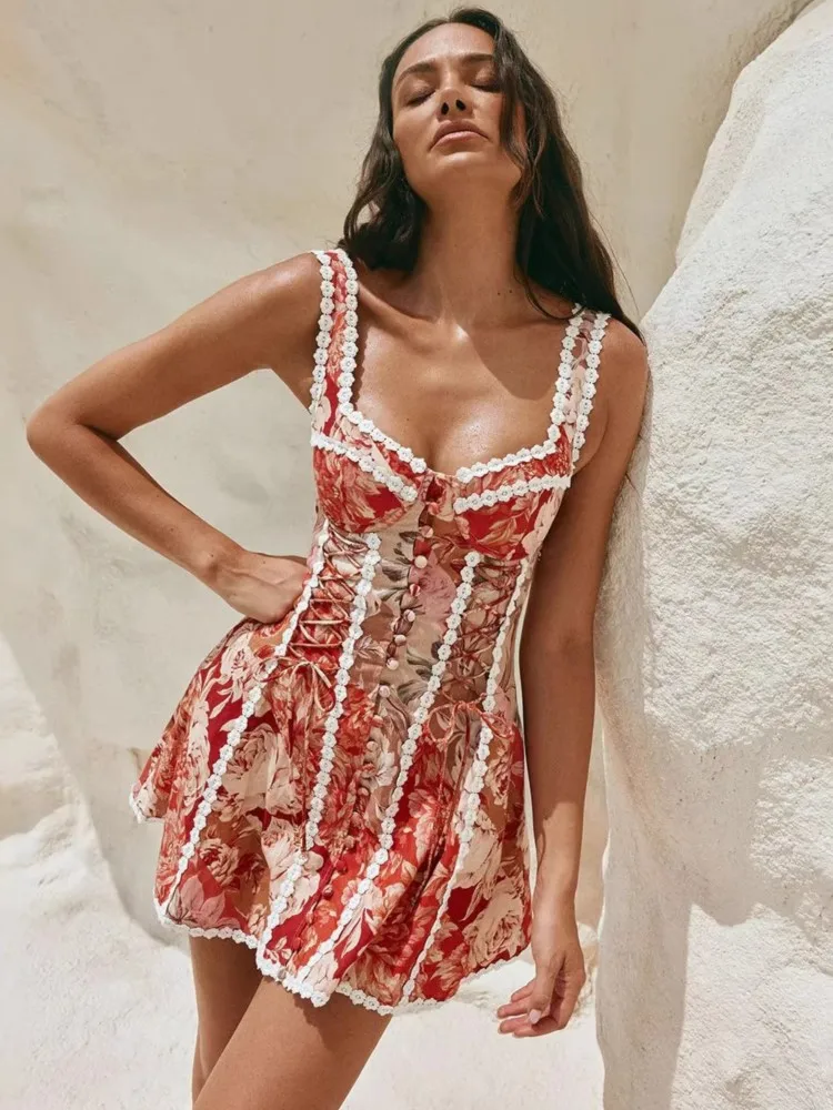 Women Spaghetti Strap Bohemian Beach Style Mini Dress 2026 Spring Summer Trend Backless Waistband Hem Vacation Party Dresses view 2
