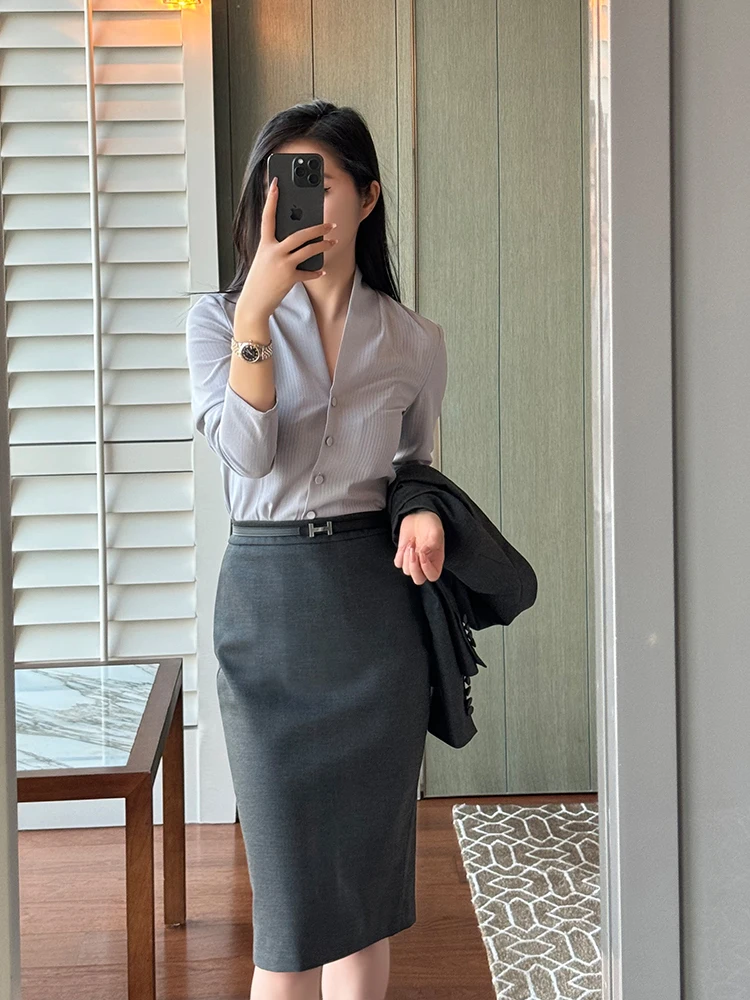 

Весна 2025 Commute Sle Long Sve V-Ne Цветная полосатая одежда для офиса Faion Женская одежда премиум-класса