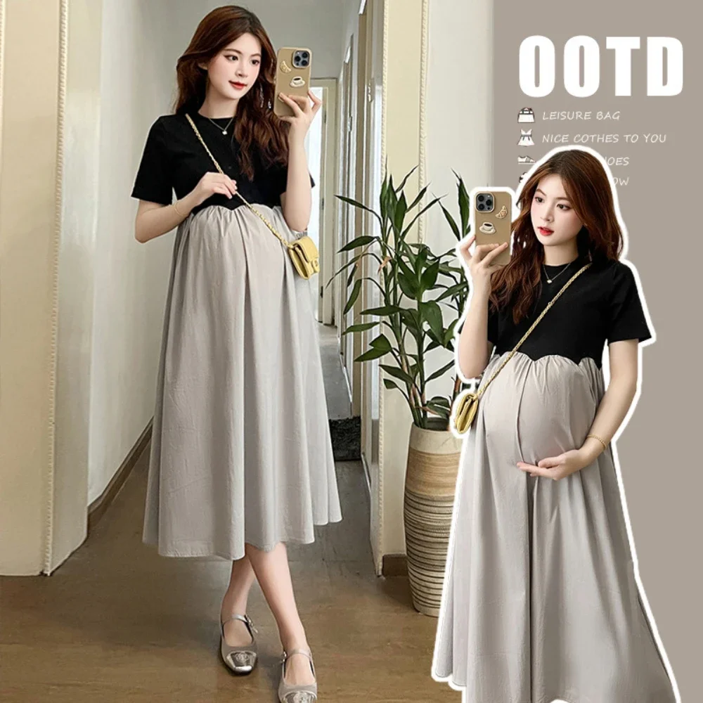 

Maternity Clothes 2025 New Fashion Large Size Loose Covering Belly Pregnancy Dress French Spliced Long Dresses Maternity Dresses