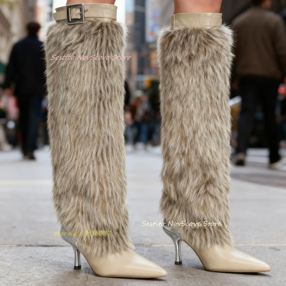 

Сапоги до колена с острым носком, разноцветные сапоги до колена на высоком каблуке, декор с пряжкой на ремне, пикантные женские длинные ботильоны из искусственного меха, зимняя женская обувь