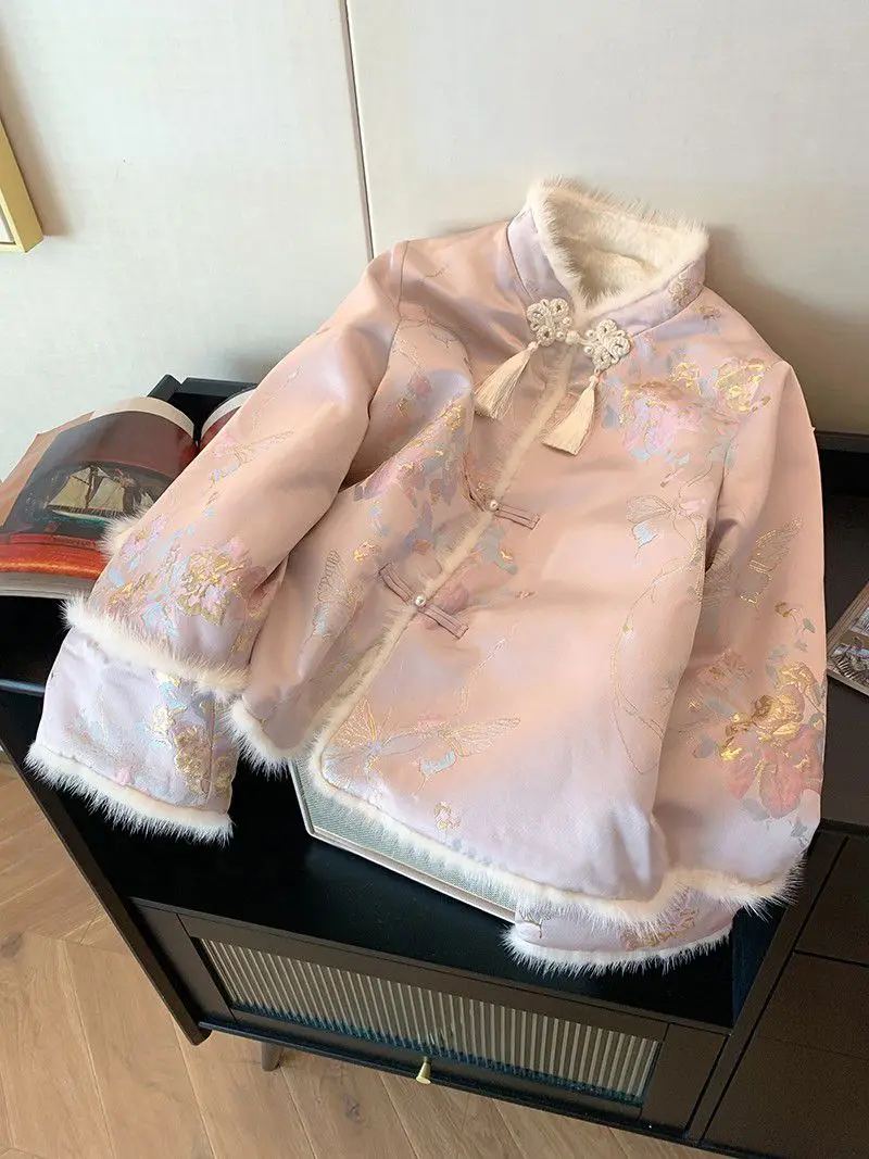 Veste en coton imprimé de style chinois pour femme, manteau vintage élégant pour femme, glands rétro, hiver, nouveau, 2024