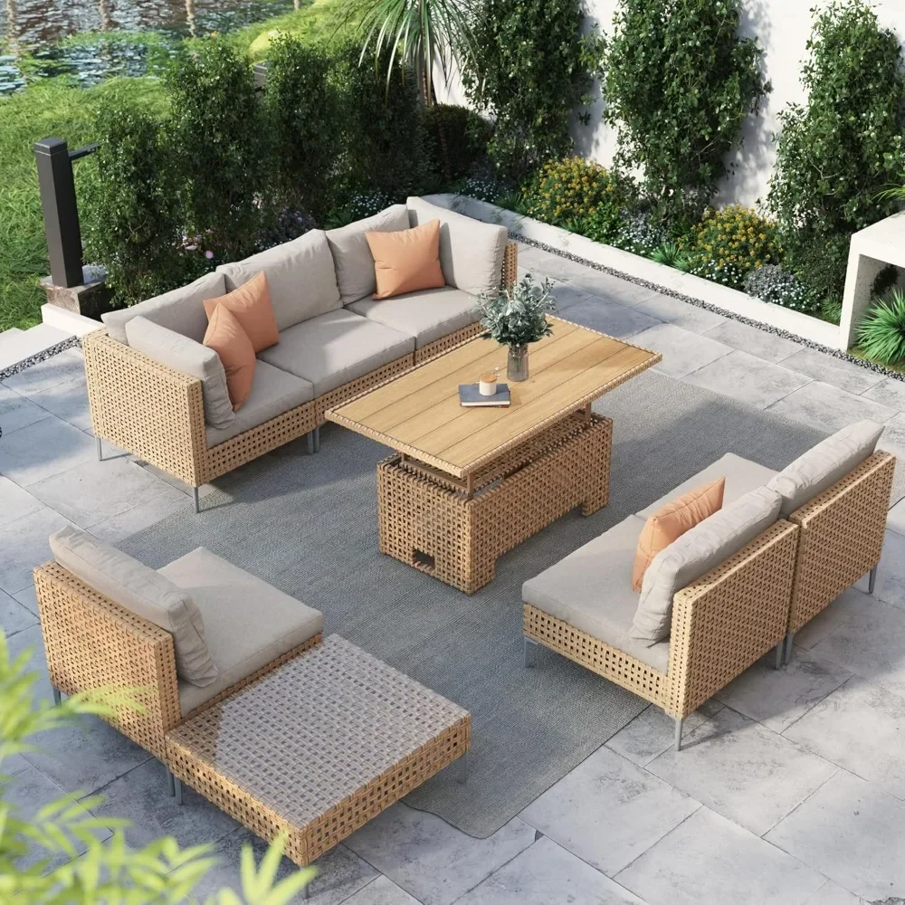 8 Piece Patio Wicker Furniture Set with Lift Coffee Storage Table, Outdoor Sofa Conversation Set with Waterproof Thick Cushions