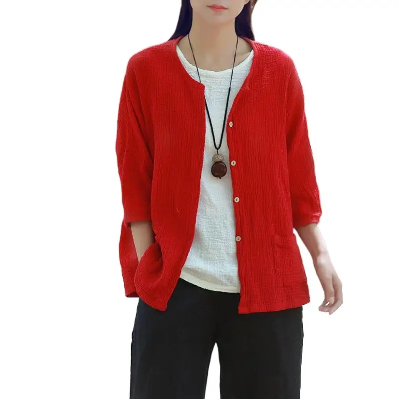 

Chinese Style Summer Women Cotton Cardigans Fashion Casual Loose Thin Coat Chic Cardigan Solid Three Quarter Coat