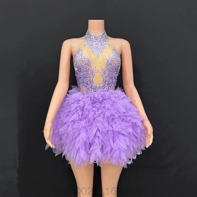 Latin Dance Dress Diamond Christmas Female Singer Mesh Sexy One Shoulder Chest Wrapped Dress European and American Style