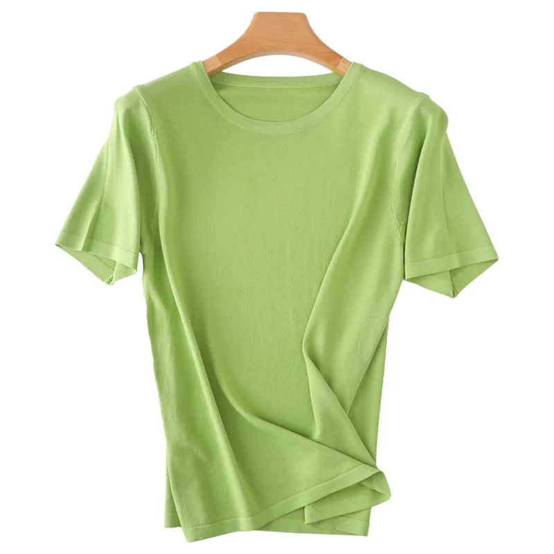 قميص نسائي أنيق من الحرير الصناعي برقبة مستديرة لصيف 2025، فضفاض ومحبوك بأكمام قصيرة، خفيف ومريح كطبقة أساسية #1