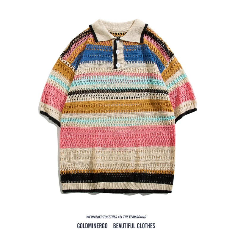 

Retro American Rainbow ort Sve Knitted irt Men's Loose Casual Striped Hollow Collar Top Youth Vitali Sle Summer Wear