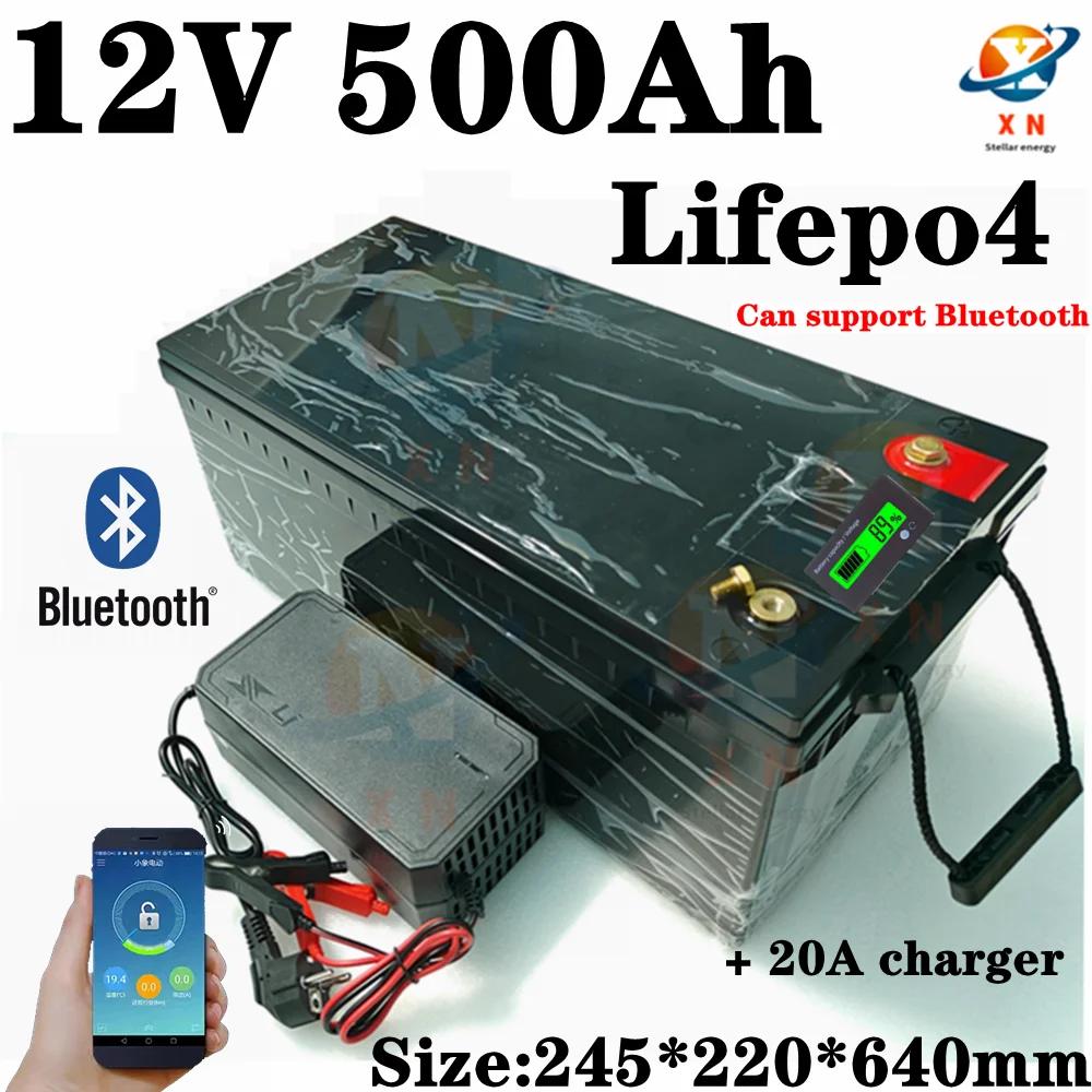 12V 500AH 600Ah Lifepo4 battery lithium deep cycle with bluetooth BMS APP for Solar Storage trolling motor boat +20A charger