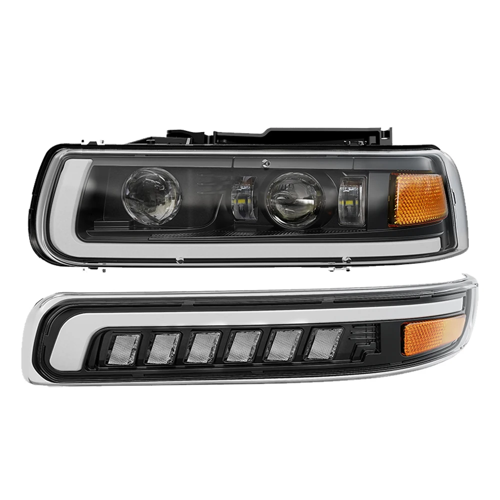 LED Halo Projector Headlights + LED Turn Signal Lights With White DRL Fit For 1999-2002 Chevy Silverado 1500 2500 3500