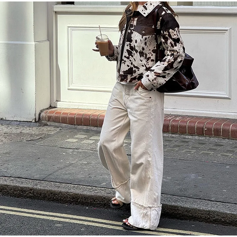 

Faionable Women's Printed Jaet Coat with Stand Collar And ket Leopard Print ort Outerwear Button Closure PU Material