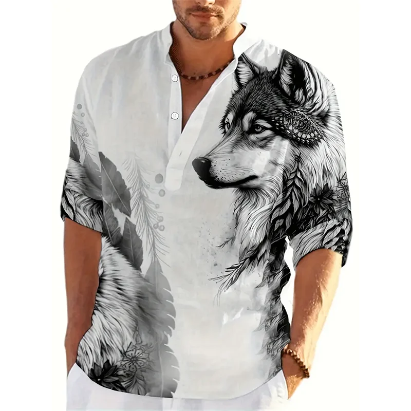 Camisas Henley con estampado 3D de lobo Animal, ropa de calle a la moda para hombre, camisa de manga larga con cuello levantado de gran tamaño,